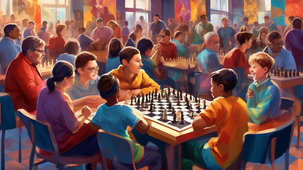 Detailed digital painting of a vibrant chess club in Ottawa, featuring a diverse group of people of all ages enthusiastically playing chess. The background shows banners of local Ottawa chess events, 