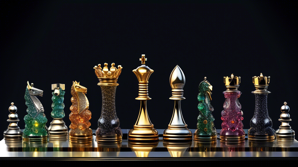 An artistic depiction of the top 10 most expensive chess sets displayed in an elegant, high-end gallery, each set uniquely designed with luxurious materials like gold, silver, and gemstones, illuminat