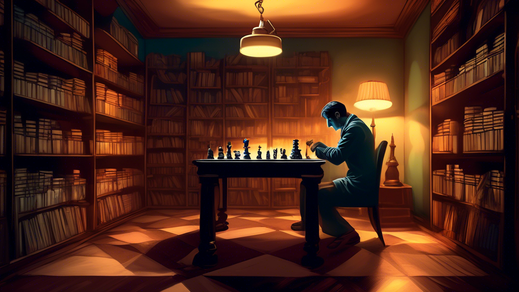 Detailed illustration of a dimly-lit room with a vintage wooden chess table, an individual with a contemplative expression playing chess against a mirrored image of themselves, surrounded by stacks of