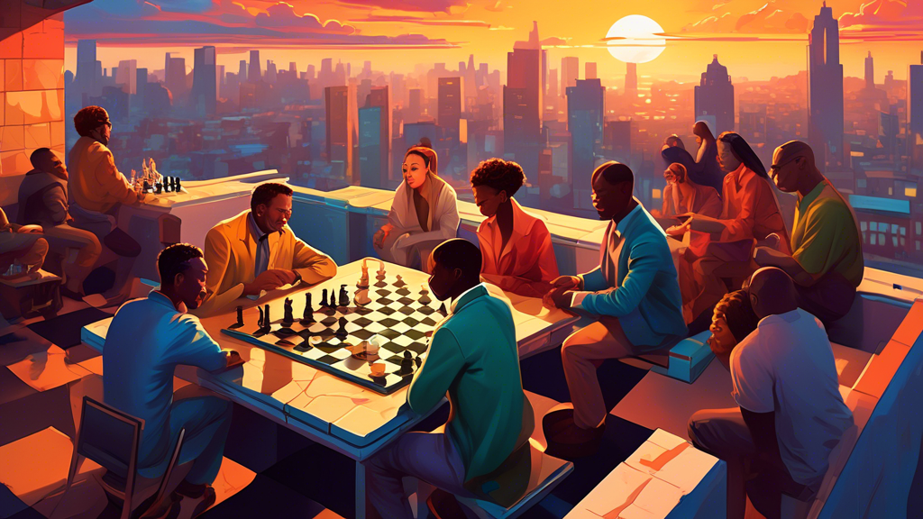 A group of diverse people playing chess in unusual and dynamic locations: atop a mountain, on a city rooftop at sunset, and inside a bustling subway car, illustrating the versatility and universal app