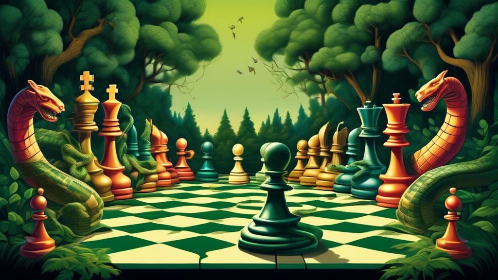 A surreal artwork depicting a giant chessboard extending into a lush, green forest where enormous chess pieces are entangled with a colossal, serpentine snake, each chess piece showing strategic moves
