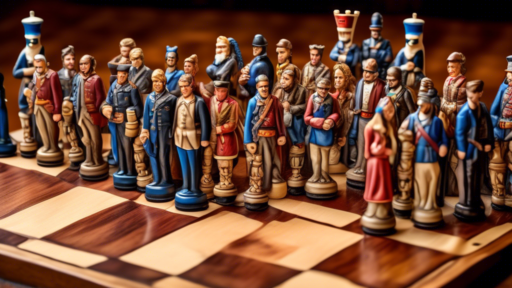 An intricately detailed chess set themed around the American Civil War, featuring hand-painted figurines of Union and Confederate soldiers as pawns, famous generals as knights and rooks, and historica