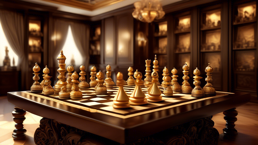 An intricate chess set crafted from luxurious materials such as gold and ebony, displayed on an elegantly carved wooden table, with soft lighting highlighting the exquisite detailing on each chess pie