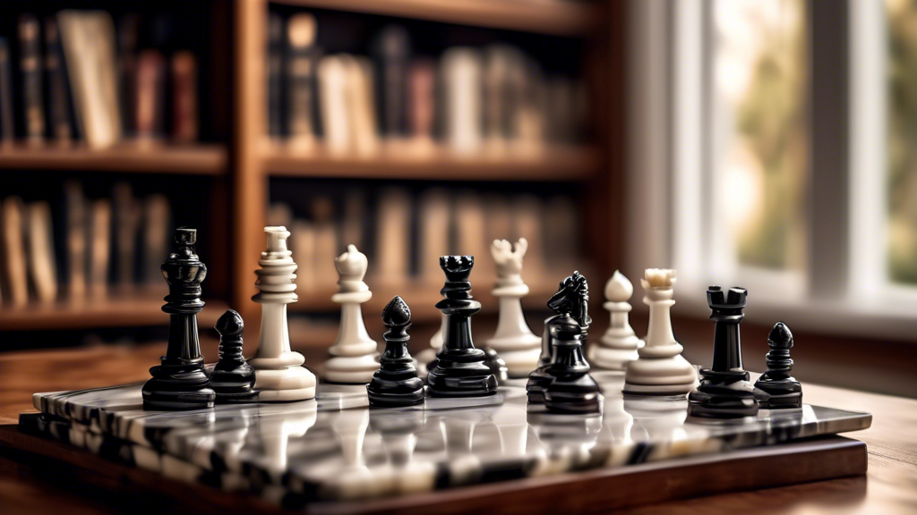 An elegant marble chess set displayed on a wooden table, with natural light highlighting the intricate details of the black and white pieces, contrasting against a soft blur background of a cozy, soph