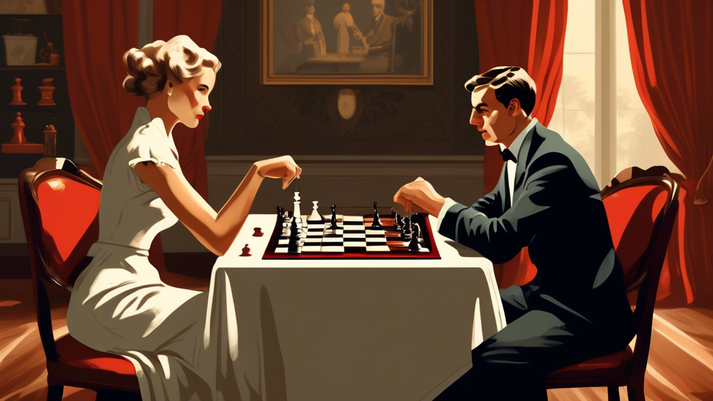 An elegant vintage-style illustration depicting two chess players, a man and a woman, deciding who will go first by using the traditional 'white or black?' method with a small bag containing one white