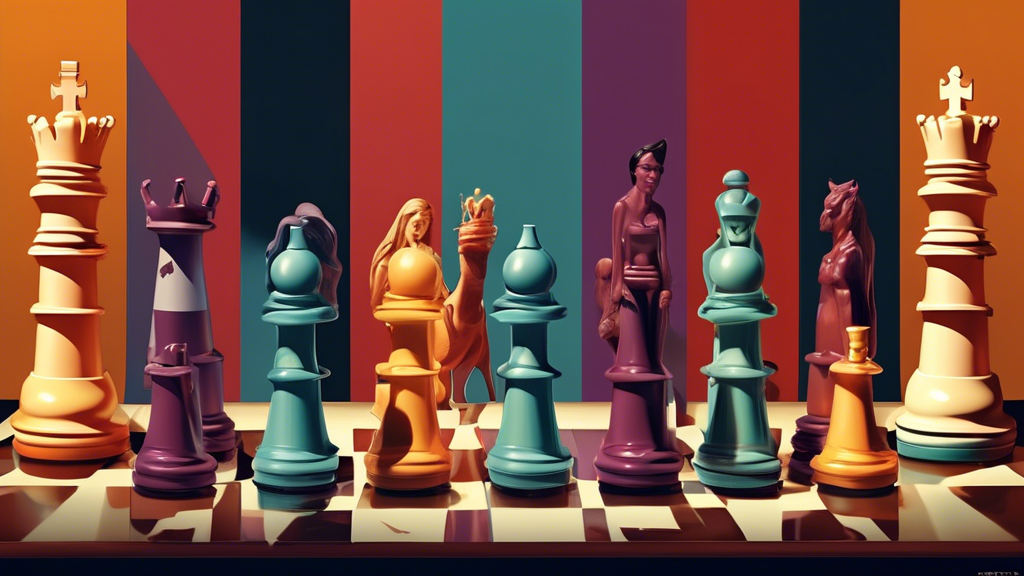 An artistically composed array of famous chess sets from iconic movies, each set displayed in a unique environment related to its film, blending elements of cinematic lighting and distinctive storytel