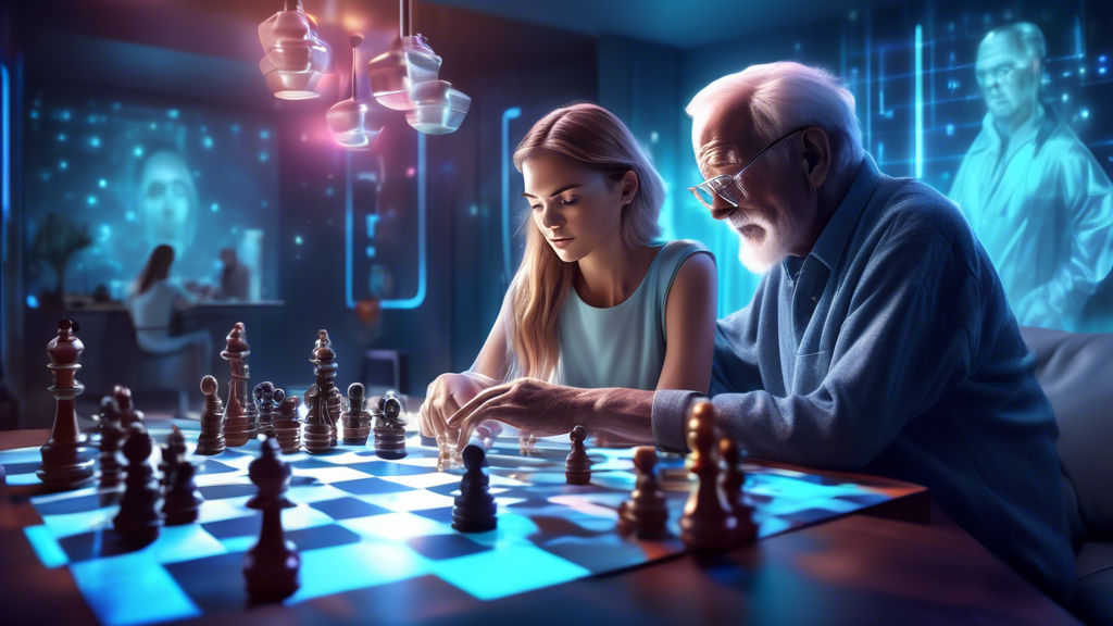 Create a digital artwork of a young woman and an elderly man deeply concentrated on playing a game of chess in a virtual reality setting, surrounded by a futuristic holographic chessboard and floating