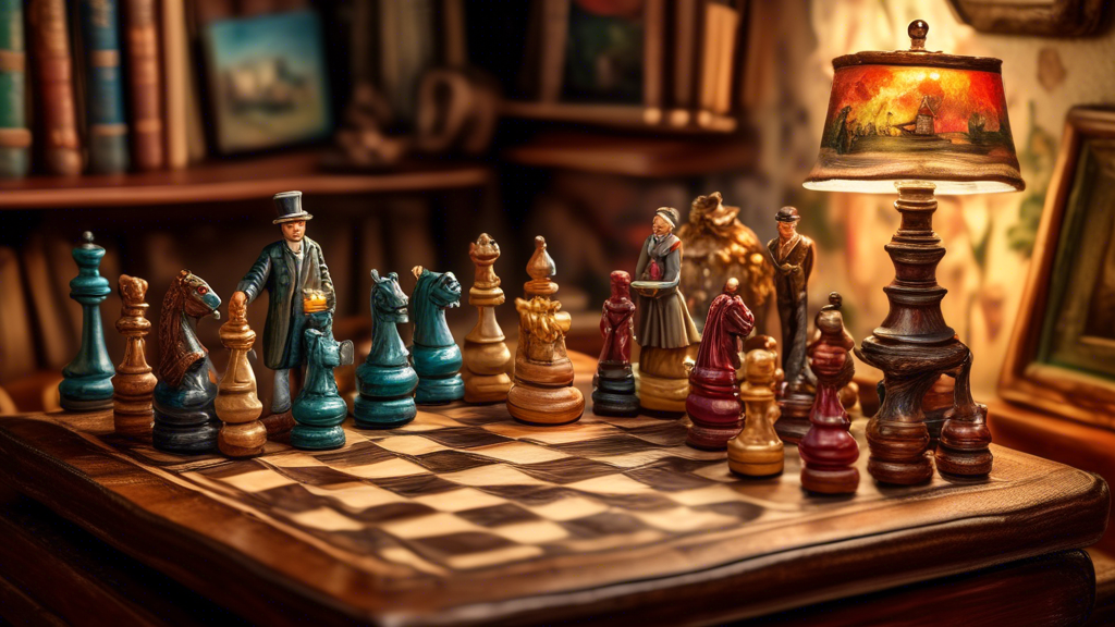 An artistically detailed miniature themed chess board, each piece representing a different historical era, set in a cozy study with books and a vintage lamp, oil painting style.