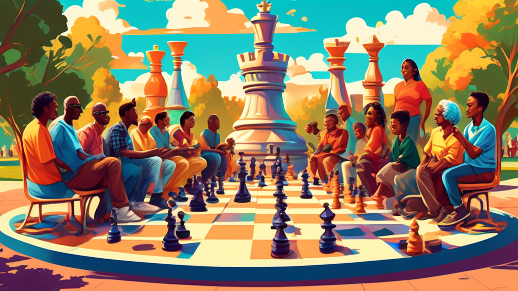 A vibrant and dynamic digital artwork of diverse people of various ages and ethnicities gathered around a large, ornate chess board in a bustling public park, enthusiastically playing and watching gam