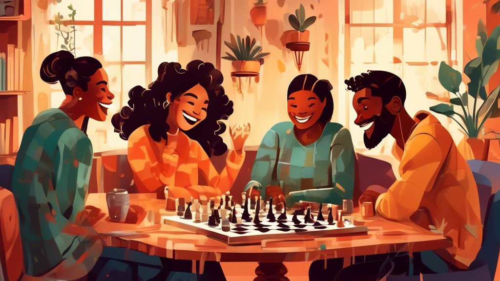 A cozy, warmly lit scene of a diverse group of friends smiling and laughing around a wooden table, playing chess in a comfortable living room with books and plants in the background, conveying a sense