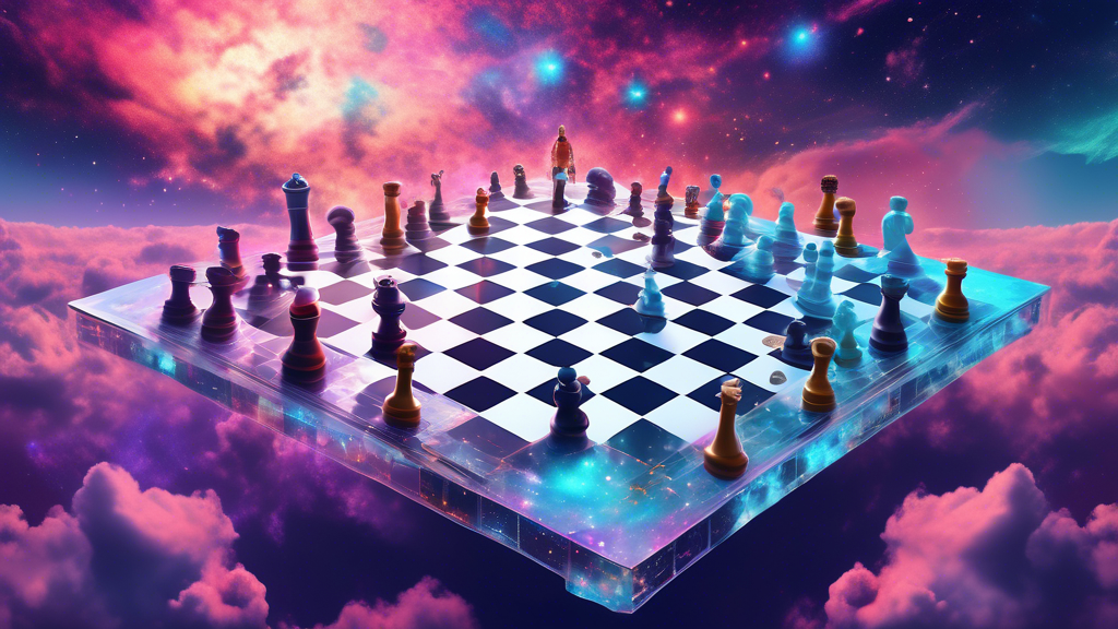 An imaginative digital art piece depicting a giant, transparent chessboard suspended in a cosmic sky, with human and AI figures analyzing the game, surrounded by scrolling text from Reddit discussions