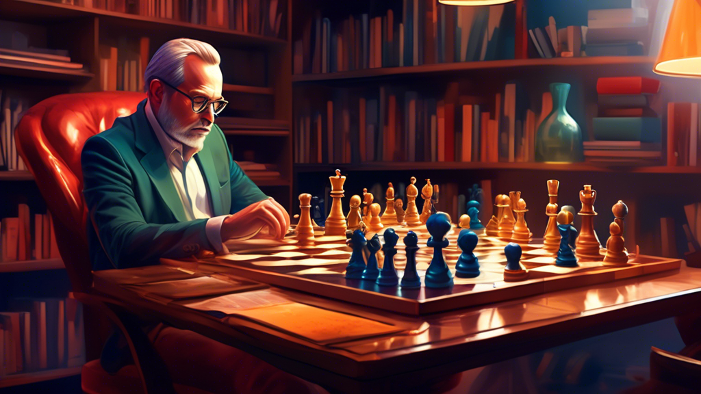 A sophisticated study filled with diverse chess grandmasters intensely focused on chess boards, surrounded by classic and contemporary books on strategy and intelligence under soft, ambient lighting.