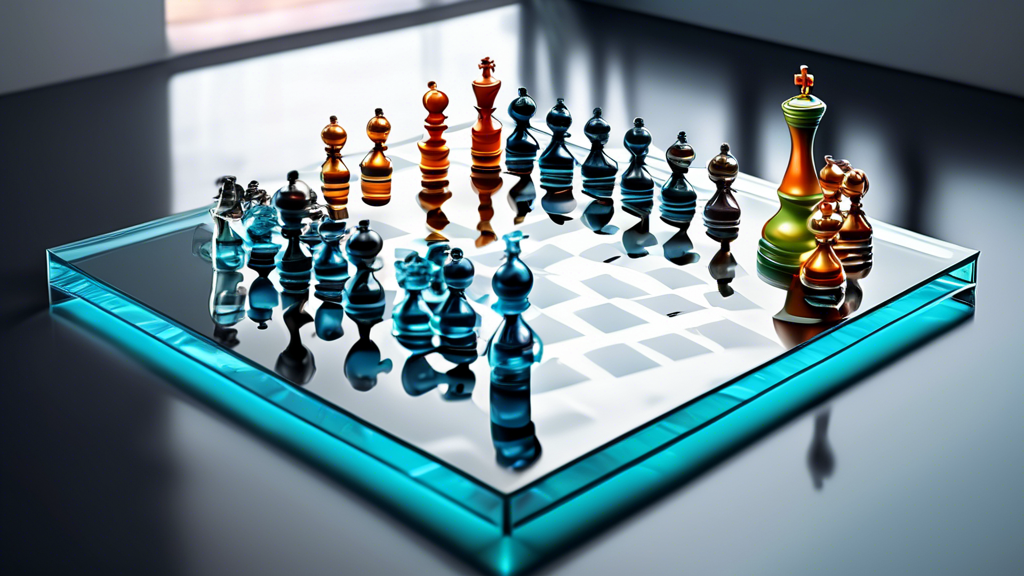 An intricately designed magnetic chess set on a sleek glass board, with the chess pieces floating slightly above the surface, displayed in a modern, well-lit room.