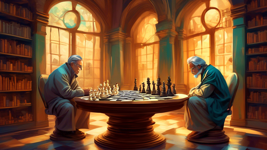 Two grandmasters contemplating a chessboard under an hourglass, with the pieces set in a stalemate position, in a serene ancient library.