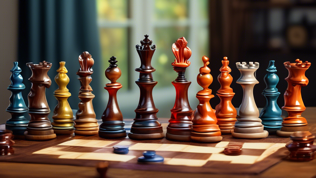 An array of elegant chess sets displayed on a wooden table, each priced under $200, with price tags and a backdrop of a cozy reading nook, soft lighting enhancing the intricate details of the chess pi