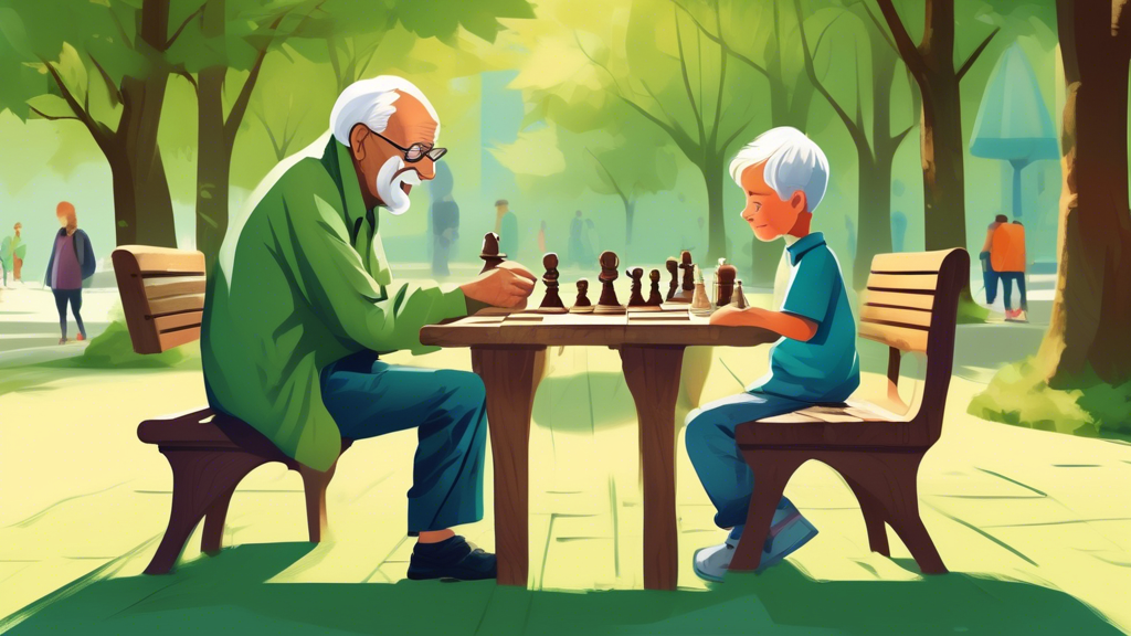 An elderly man and a young child sitting at a park bench, deeply focused while playing chess with a worn wooden chess set, surrounded by lush green trees and casual park-goers in the background.