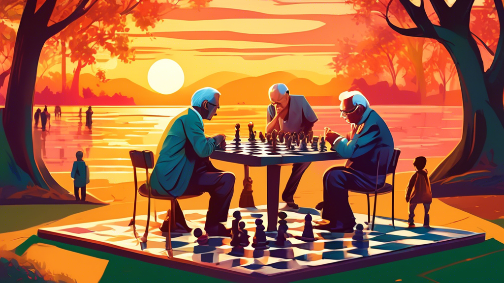 An intricate chessboard at sunset where two players, one elderly and one young, both pondering over a game in a peaceful park, with the pieces set in a stalemate position, surrounded by curious onlook