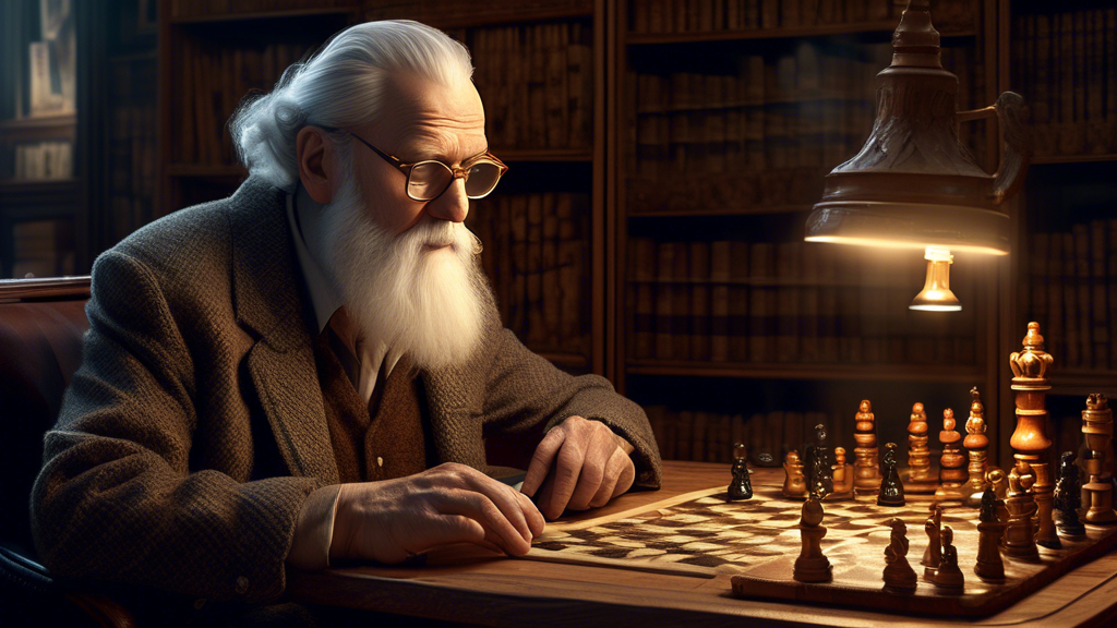 A serene, high-detailed digital artwork of an elderly man with a long white beard and glasses, dressed in a classic tweed jacket, sitting at an ornately carved wooden chess table in a cozy, dimly lit 