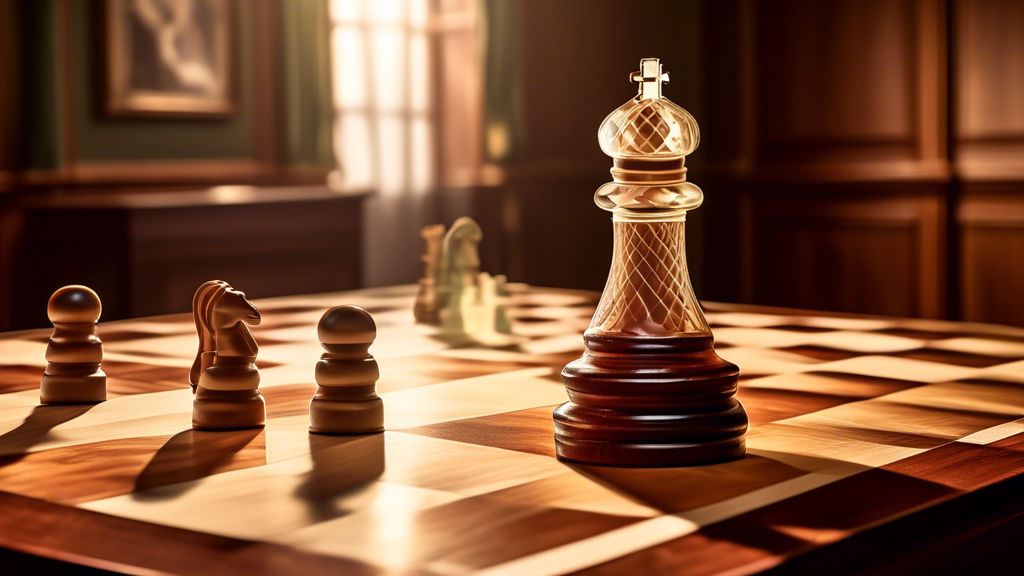 An intricately detailed chessboard under soft spotlight focusing on a bishop chess piece, with translucent lines illustrating its potential diagonal movements across the board, set in an elegant, wood