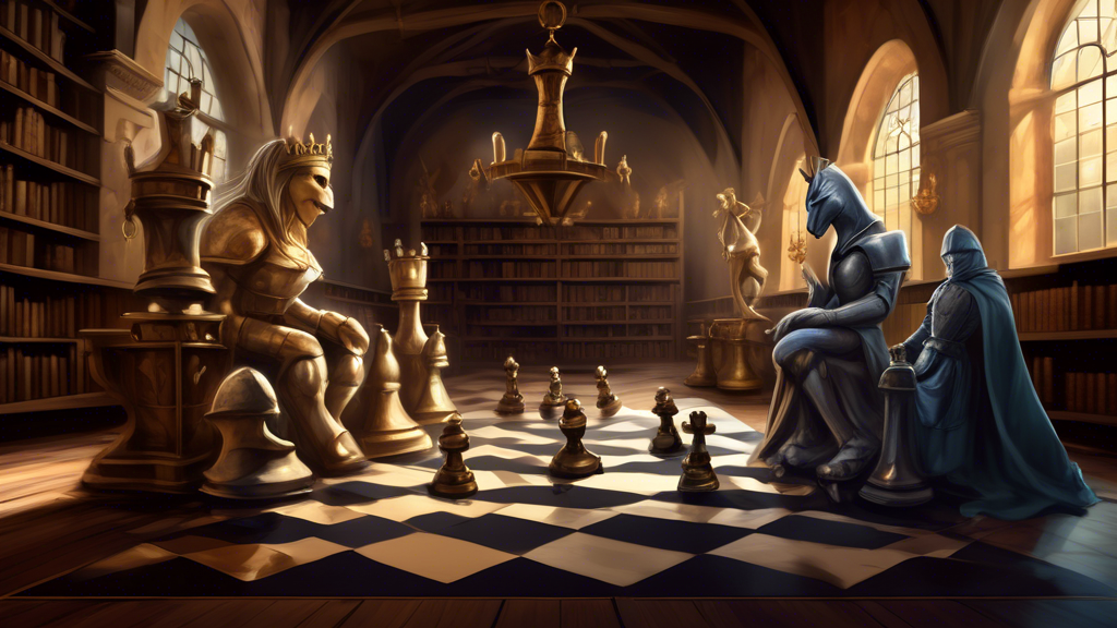 An illustrative digital painting of a chessboard in a medieval library setting, showing a dramatic, almost complete 3-move checkmate. Each chess piece is anthropomorphized, expressing tension and triu