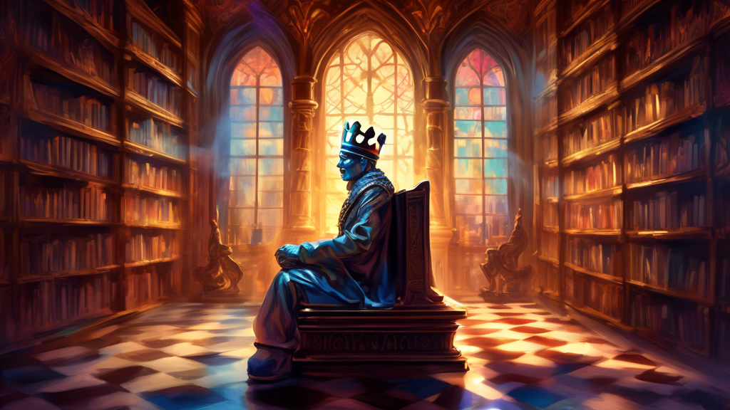 A digital painting of a majestic chess king piece, animated and larger than life, contemplating a strategic move on an ornate wooden chessboard in a mystical library setting, surrounded by towering bo