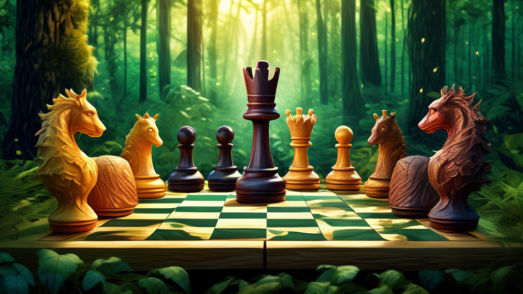 Artistic rendering of a fantastical chess set where each piece is intricately designed as a different animal from various ecosystems, set in a lush forest environment with a wooden chess board illumin