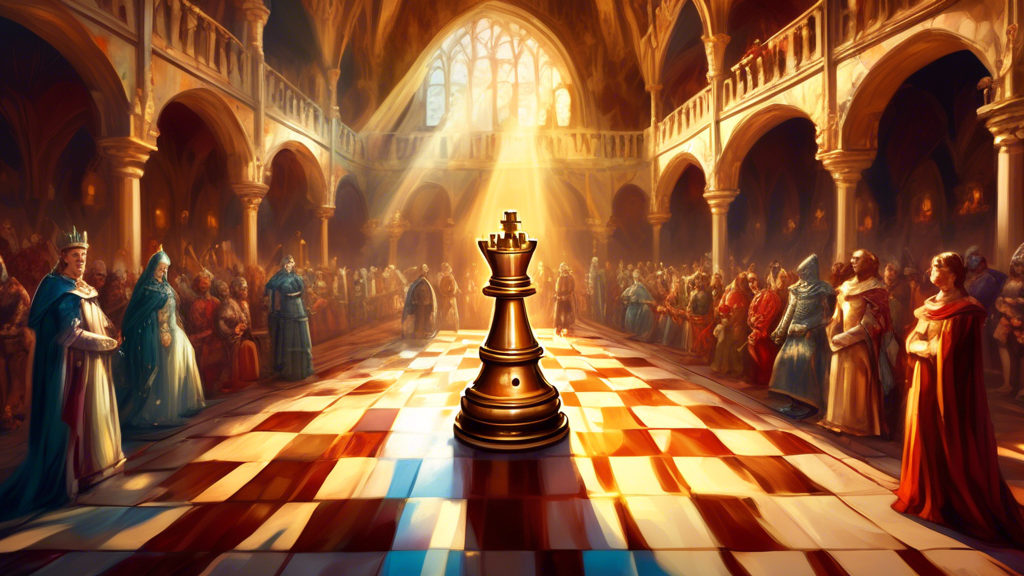 An ornate chessboard set in an ancient royal court, with the queen piece dramatically highlighted by a beam of sunlight, surrounded by medieval spectators in awe.