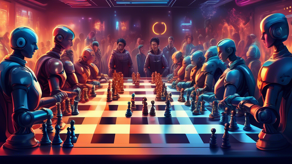 An intense digital artwork depicting a futuristic chess tournament where humans and advanced AI robots compete at a high-tech, illuminated chessboard, set in a dimly lit room filled with an audience o