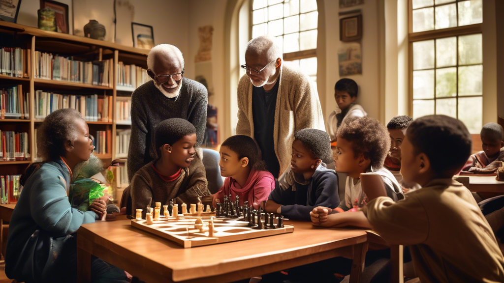 An inviting and serene library setting with a large wooden table where a diverse group of beginners, including children and adults of various ages and ethnicities, are gathered. They are learning ches