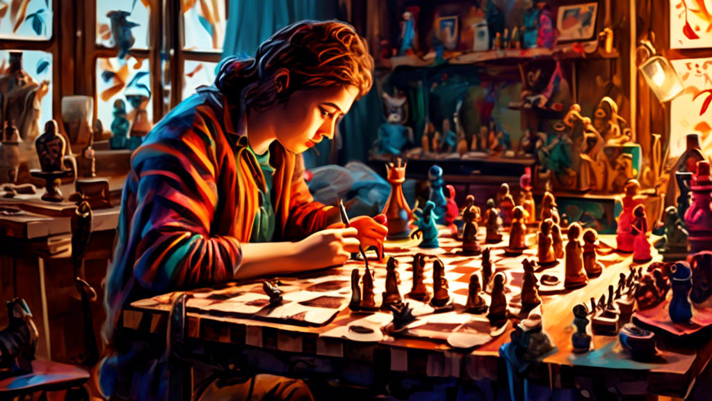 An artistically lit workshop with a person painting miniature chess pieces, each modeled after different historical eras, surrounded by sketches, tools, and chessboard designs, conveying a cozy, creat