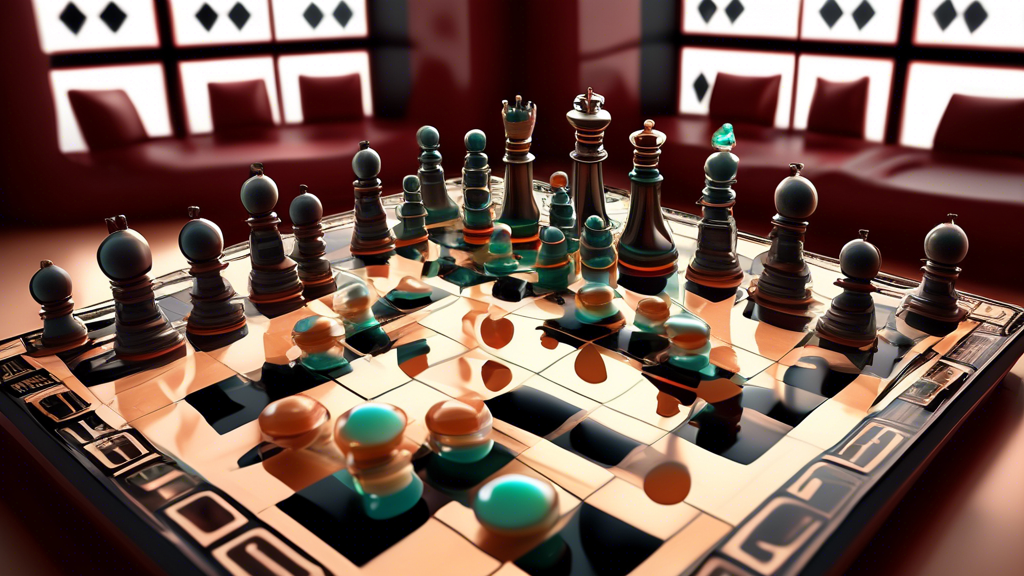 Digital artwork of an advanced chess software interface displaying a variety of custom and themed chess sets, including historical, futuristic, and fantasy themes, set in a sleek, modern computer envi