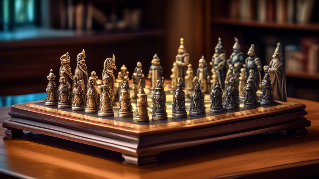 An intricately detailed polystone chess set displayed on a polished wooden table, with chess pieces that resemble medieval knights and castles, set within a softly lit, sophisticated study room with b