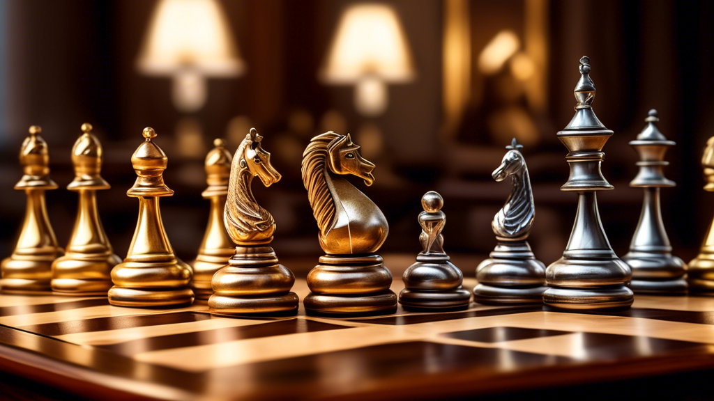 An elegant, intricately carved wooden chess set on a luxurious table, with gold and silver chess pieces, under soft, ambient lighting highlighting detailed craftsmanship, with a price tag displayed pr