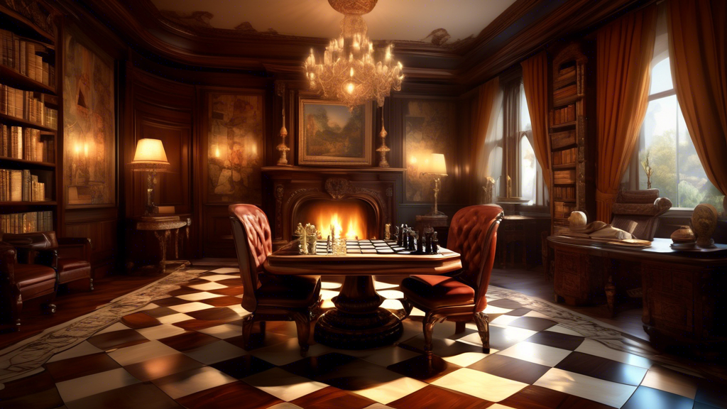 Create an image of an opulent chess board set on a mahogany table, with intricately carved chess pieces made of ebony and ivory. The background features a richly decorated study room with vintage book