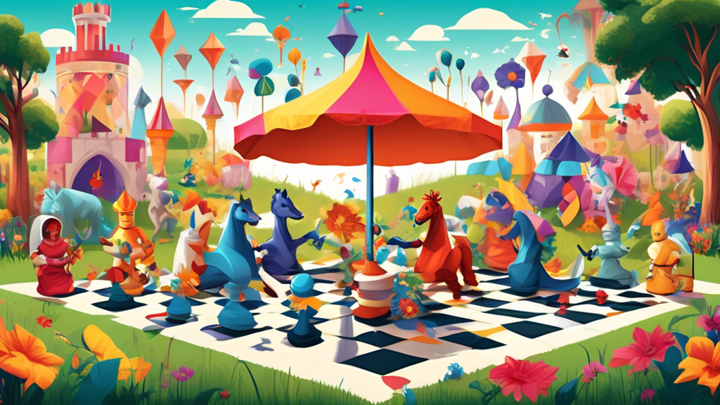 An imaginative playground setting where kids dressed as knights and queens play chess using oversized, colorful pieces shaped like animals and fantasy characters, under the shade of a giant chessboard