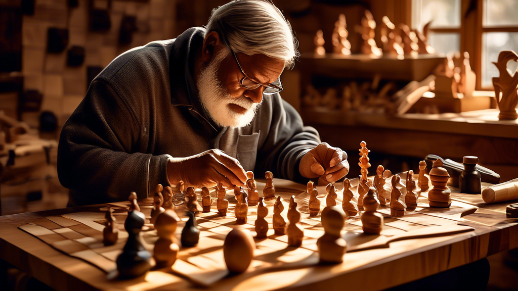 An artisan crafting a luxurious blackwood chess board in a cozy, sunlit workshop, with intricately carved chess pieces displayed on a table, surrounded by wood shavings and carving tools, capturing a 