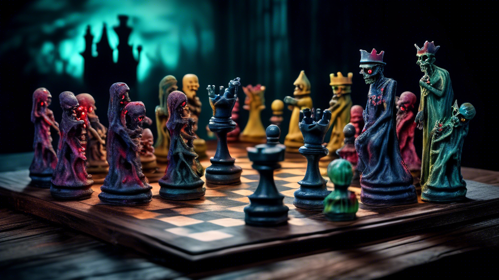 An intricately designed zombie-themed chess set on an old wooden table, under a flickering candlelight, featuring detailed chess pieces where zombies are the pawns and skeletal kings and queens, set i