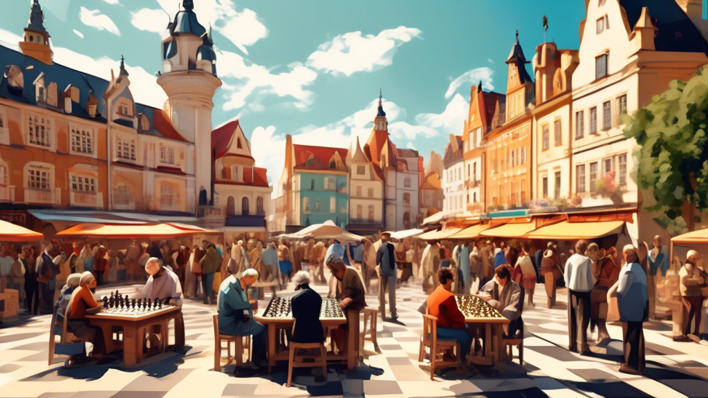 An artistic digital representation of a bustling marketplace dedicated to chess, showcasing a variety of beautifully crafted chess sets displayed on stalls, with people of diverse backgrounds examinin