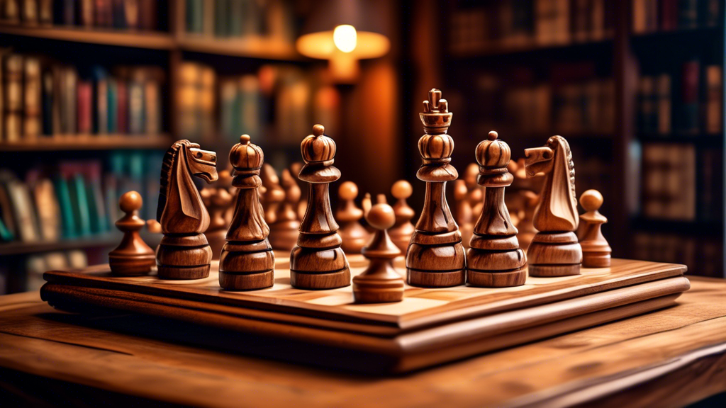 An intricately carved wooden chess set displayed on a vintage wooden table, with soft lighting highlighting the detailed craftsmanship of both the chess pieces and the chessboard, set in a cozy librar