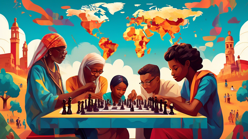 Digital artwork showcasing a diverse group of people from different ethnic backgrounds, young and old, male and female, playing chess in a vibrant, open-air global village setting, with each chessboar