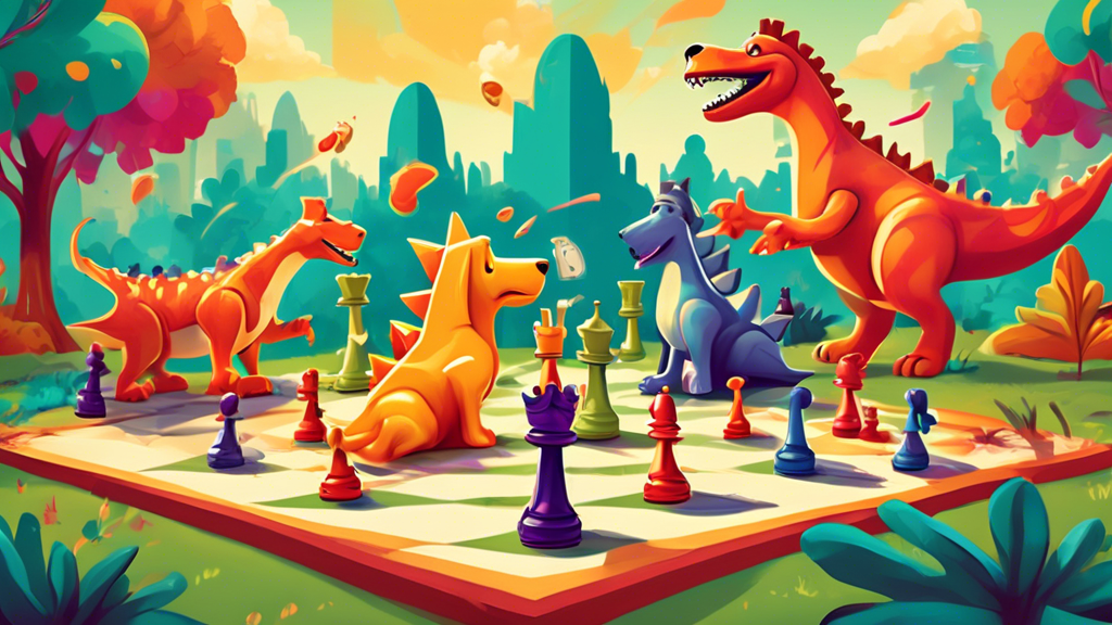 A digital artwork depicting a whimsical chessboard, where traditional chess pieces are replaced with playful, cartoon-style dogs on one side and regal dinosaurs on the other, engaged in a friendly mat