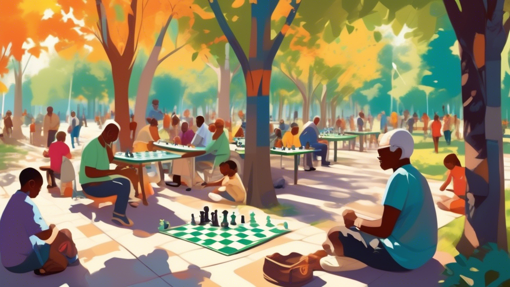 An image of a vibrant city park scene with diverse people of all ages playing chess, using roll-up chess mats. The tables are scattered under the shade of large trees, with bystanders watching the gam