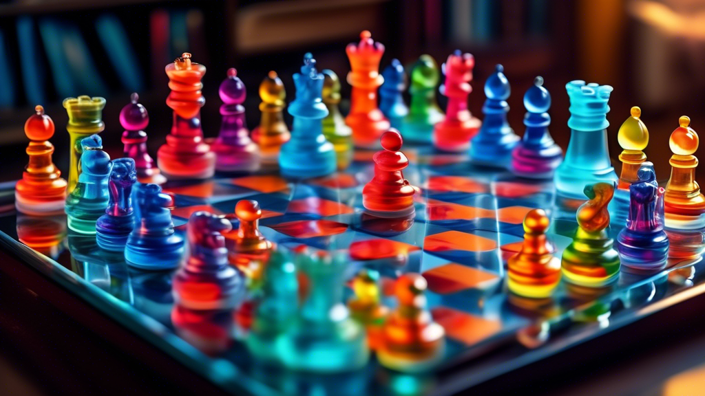 An intricately detailed silicone chess set displayed on a smooth, reflective glass table; each unique piece transparent with swirls of vibrant colors, set in a cozy, dimly lit room with shelves of boo