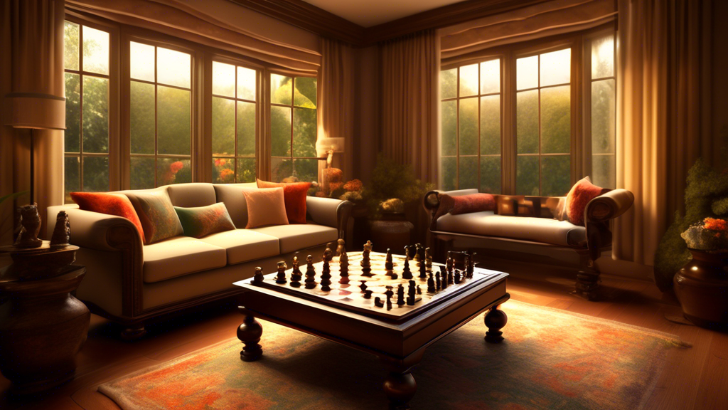 An elegant living room with a large window overlooking a serene garden, featuring a luxurious wooden folding chess set on a small coffee table surrounded by plush seating. Soft, warm lighting highligh