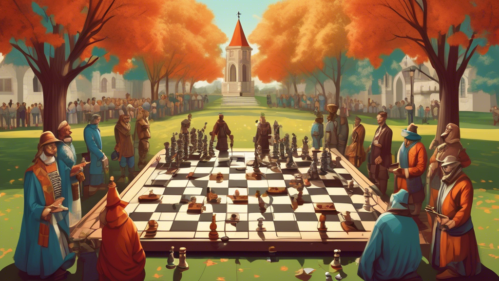 An intricate illustration showing a split chess and checkers board down the middle, with chess pieces on one side and checkers pieces on the other, set in a peaceful park setting with onlookers dresse