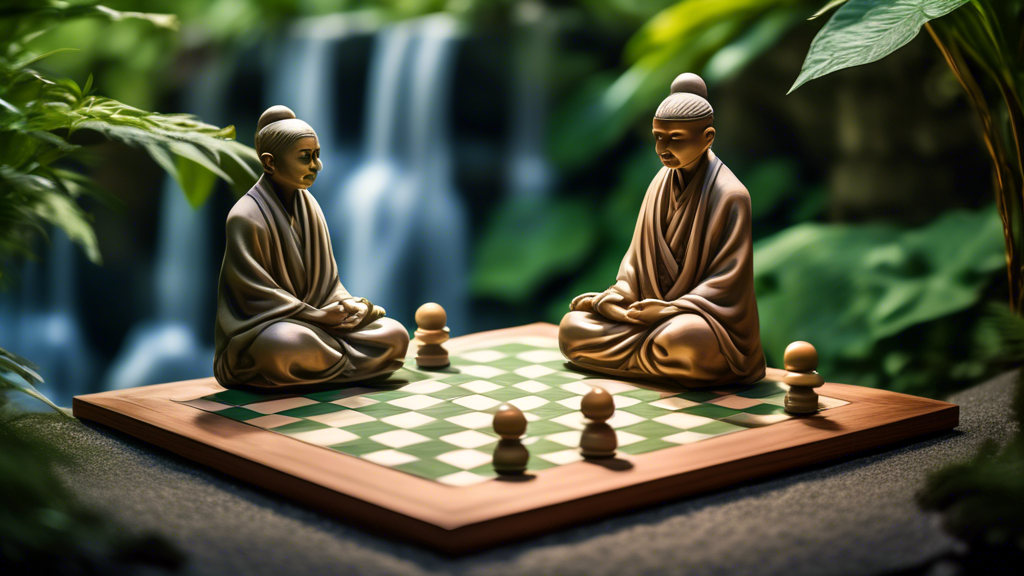 An elegant, serene chessboard set in a tranquil zen garden, with a gentle waterfall in the background and lush greenery. The chess pieces are styled as miniature monks meditating, symbolizing peace an