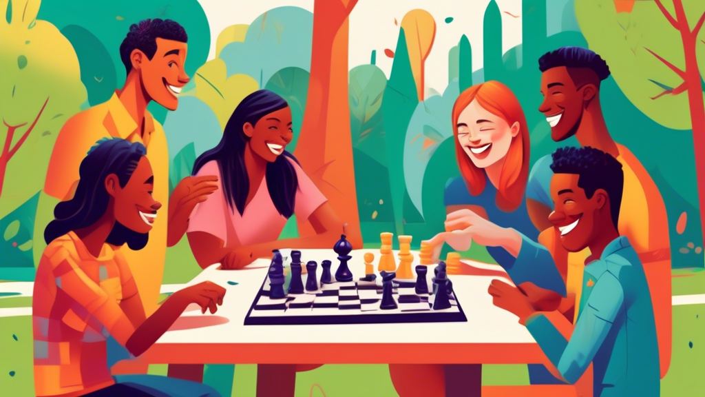 An illustrated guide showing a diverse group of friends laughing and playing different chess variants, including 3D chess, bughouse, and chess960, in a vibrant park setting.