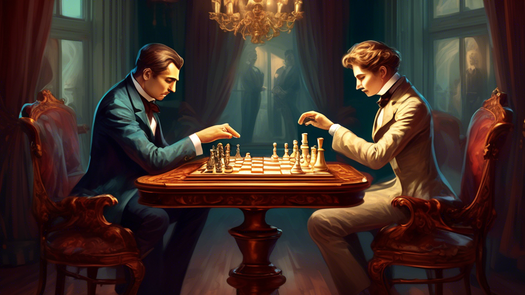 Two chess players in elegant Victorian attire, sitting at an ornate wooden chess table in a candlelit room, each reaching to touch a white pawn to decide who will make the first move in a historic che