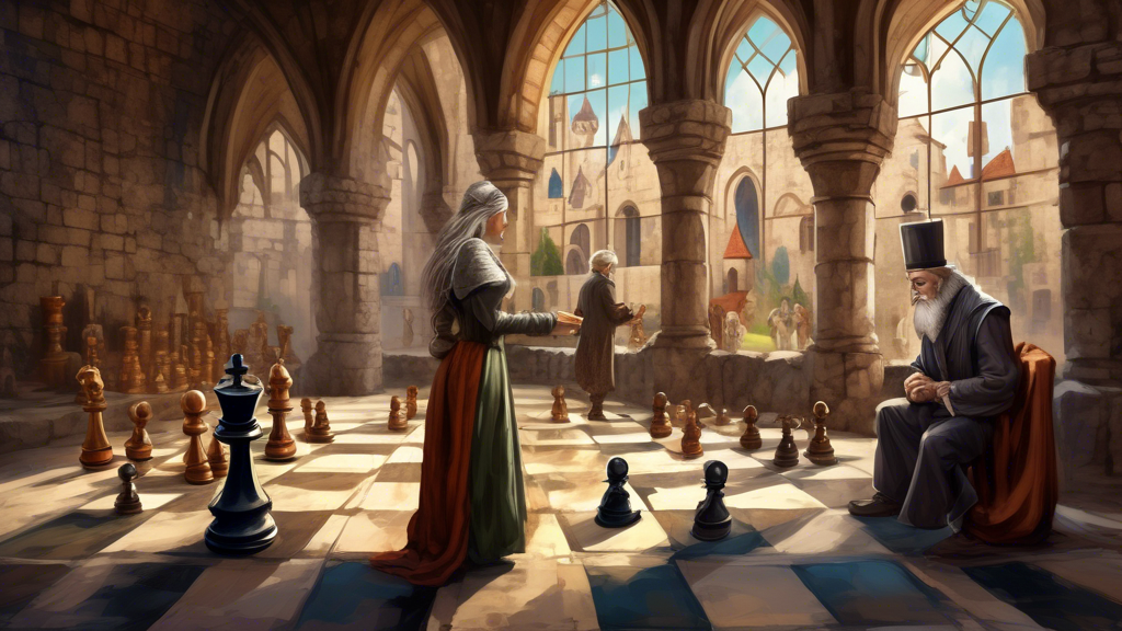 A digital painting of a grand chessboard set in a medieval castle courtyard, with life-sized chess pieces performing the castling move while a wise old chess master in vintage clothing observes and in