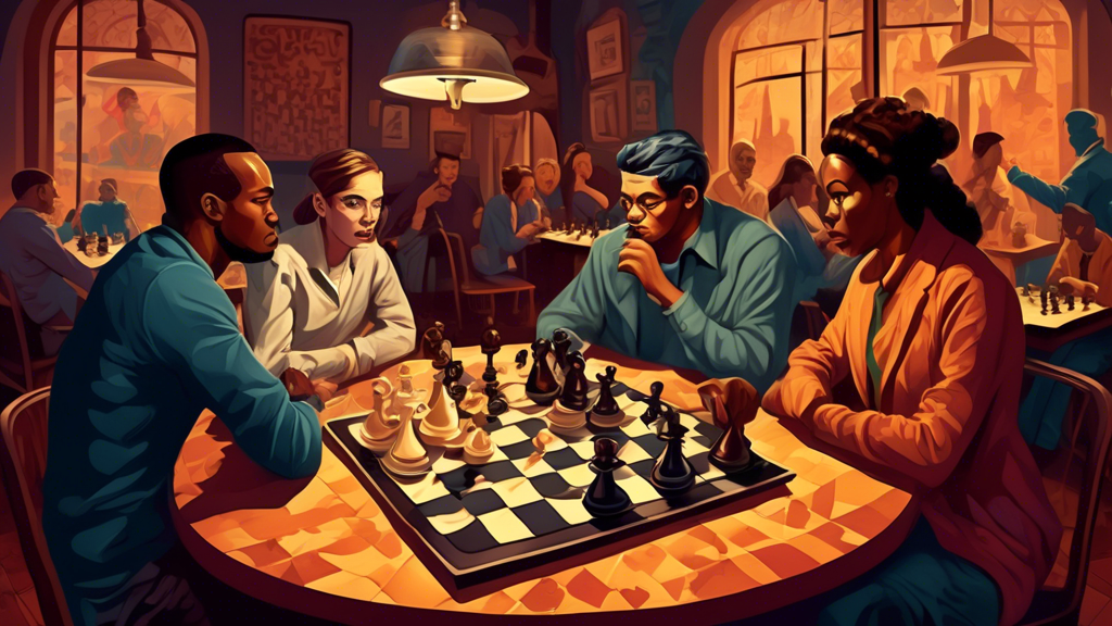 A surreal illustration depicting a heated debate in a cozy, dimly lit coffee shop, where a diverse group of individuals animatedly discuss the merits and downsides of playing chess, with a large, orna